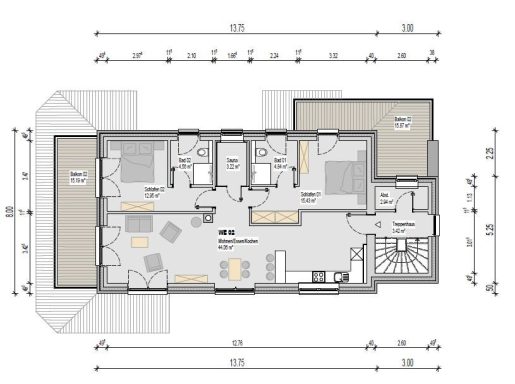 Grundriss der Ferienwohnung Blue Paradise mit Maßen und Quadratmeterangaben.