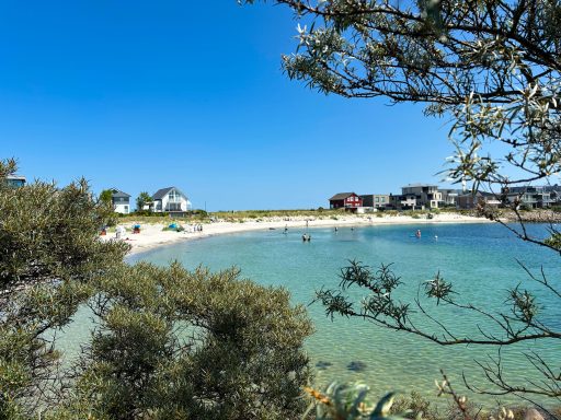 Badebucht nur 150m entfernt Geschützte Badebucht mit ruhigem Ostseewasser im Hintergrund Ferienhäuser.