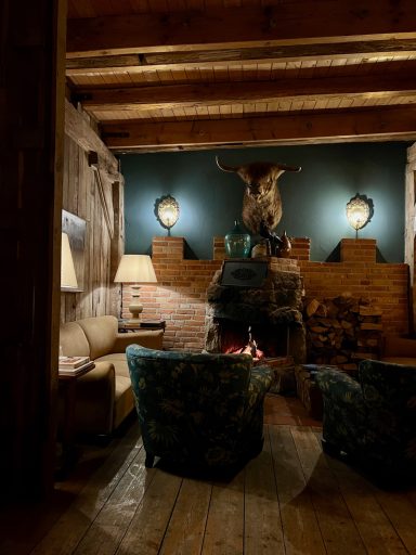 Kuhhaus Damp Rustikale Kamin-Lounge mit Jagdtrophäe und stimmungsvoller Beleuchtung.